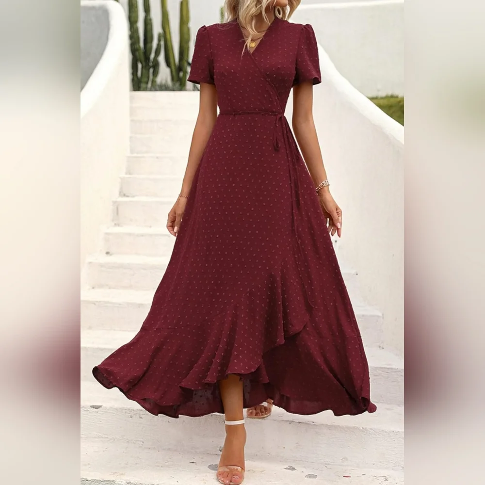 Swiss Dot Burgundy Wrap Dress - Picture 2 of 11